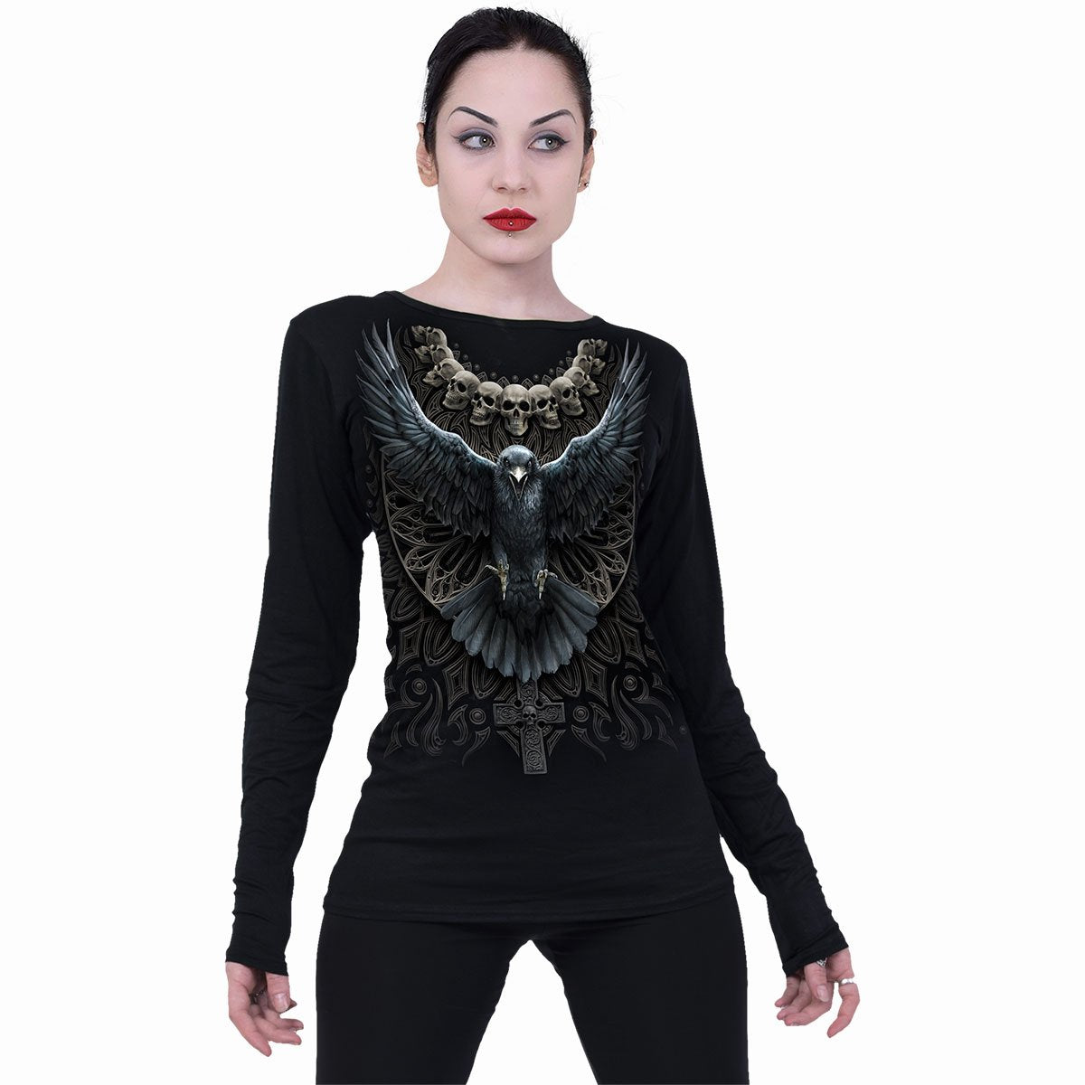Langarm-T-Shirt Spiral Raven Skull