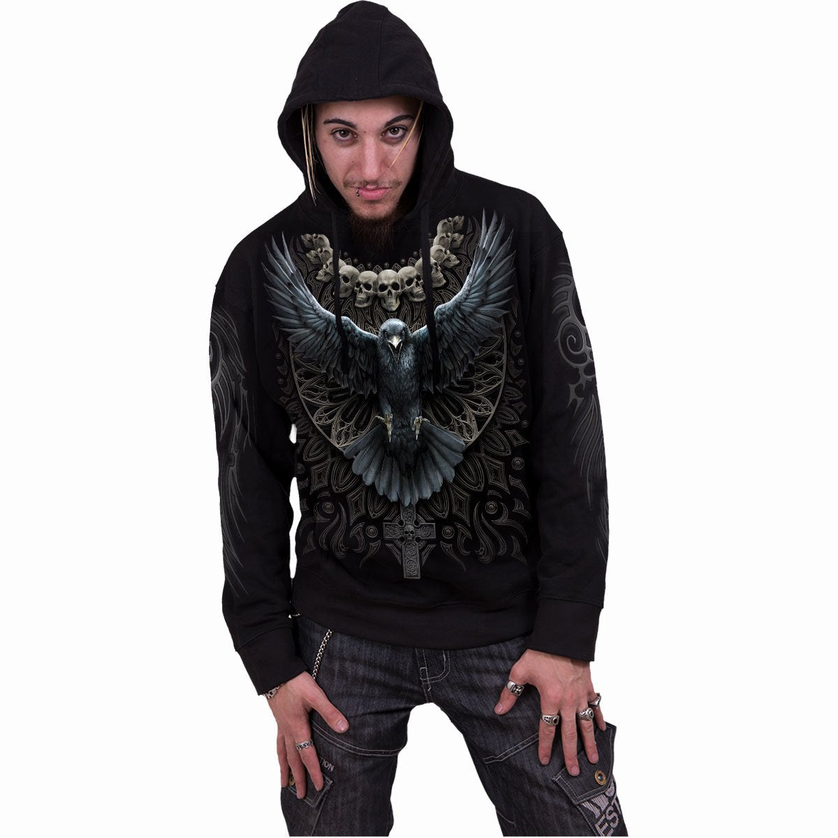Kapuzenpullover Spirale Rabe Schädel