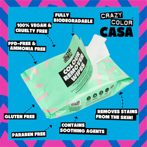 En åben pakke Crazy Color Color Remover Wipes / Farvefjerner med tekstbobler, der viser egenskaber: biologisk nedbrydelig, skånsom mod huden, hårfarvefjerner, vegansk, cruelty free, PPD-fri, ammoniakfri, glutenfri & beroligende midler.
