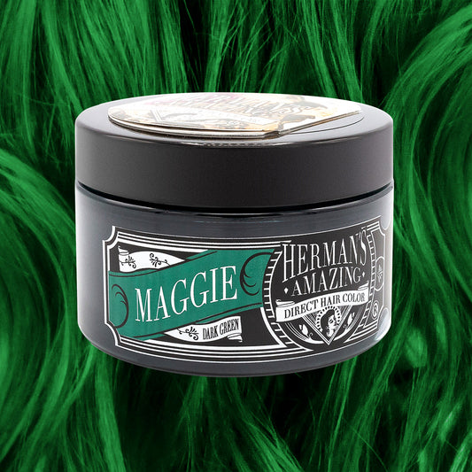 En krukke Hermans Hårfarve Maggie (115ml) vegansk hårfarve i mørkegrøn står på baggrund af levende grøn hårfarve.
