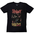 Bild in Galerie-Betrachter laden, Rockoff T-shirt Slipknot - Fuck me Up (Unisex) har Slipknots logo, maskerede medlemmer og en fed rød og gul "FUCK FUCK FUCK ME UP"-tekst - ideel til fans og samlere af ikonisk bandmerchandise.
