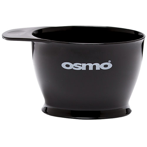 En sort Skål til Hårfarve i plast fra Crazy Color med et lille håndtag og ordet "osmo" trykt i hvidt på siden.