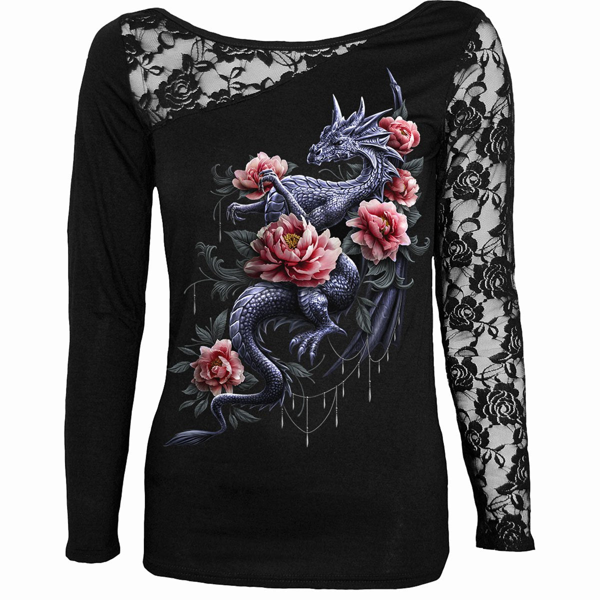 Long-sleeved T-shirt Spiral Dragon Rose Slant